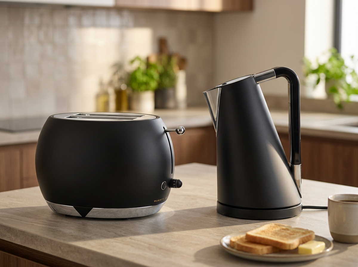 A matte black Bugatti Romeo two-slice toaster and Bugatti Vera Easy kettle on a sunlit kitchen counter with toast and a cup