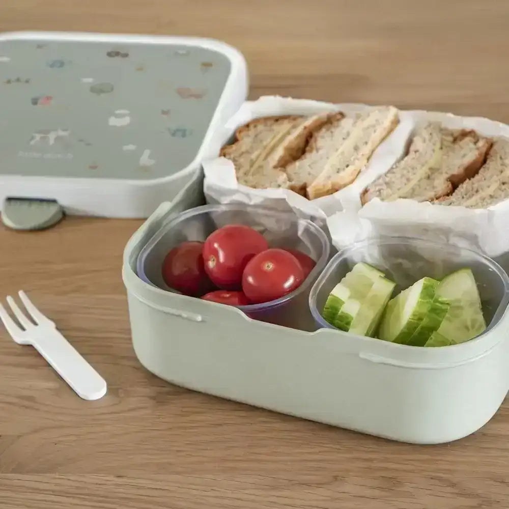 A children's lunch box, bottle and food jar packed for school