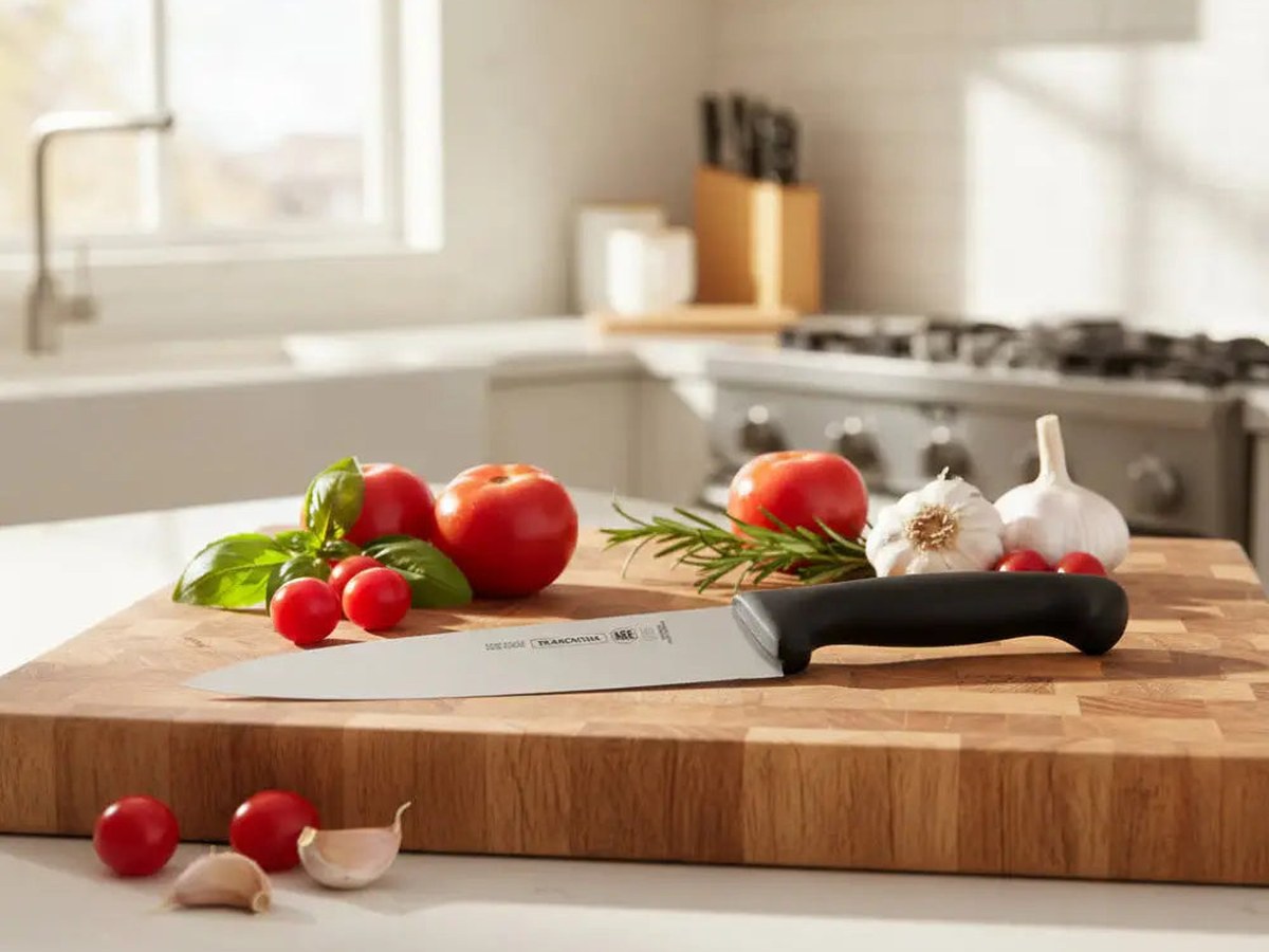 A cook chopping fresh vegetables with a chef's knife on a wooden board