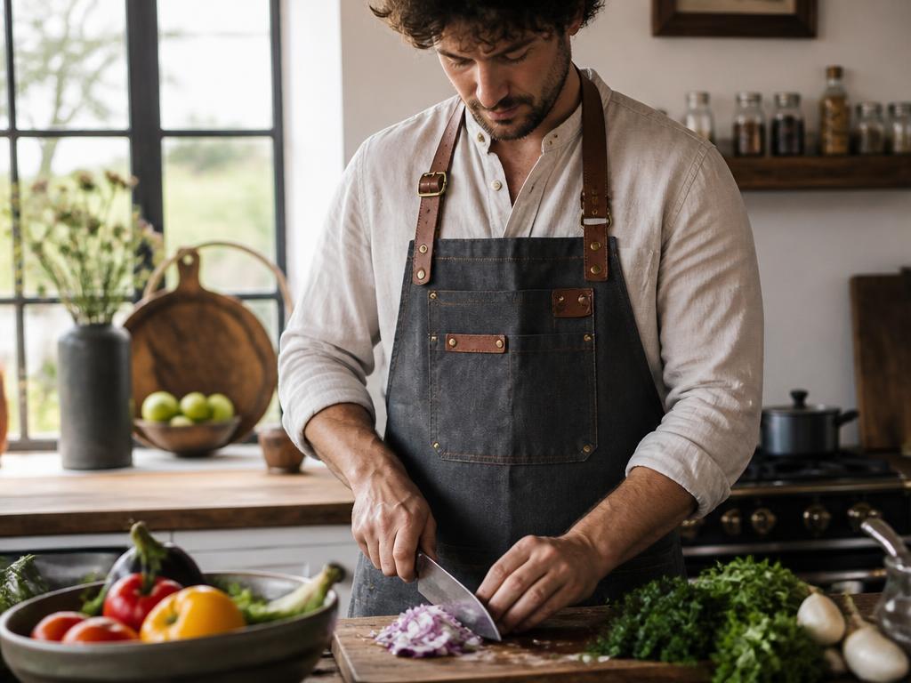 A cook in a charcoal canvas apron with leather straps chopping vegetables at a kitchen counter