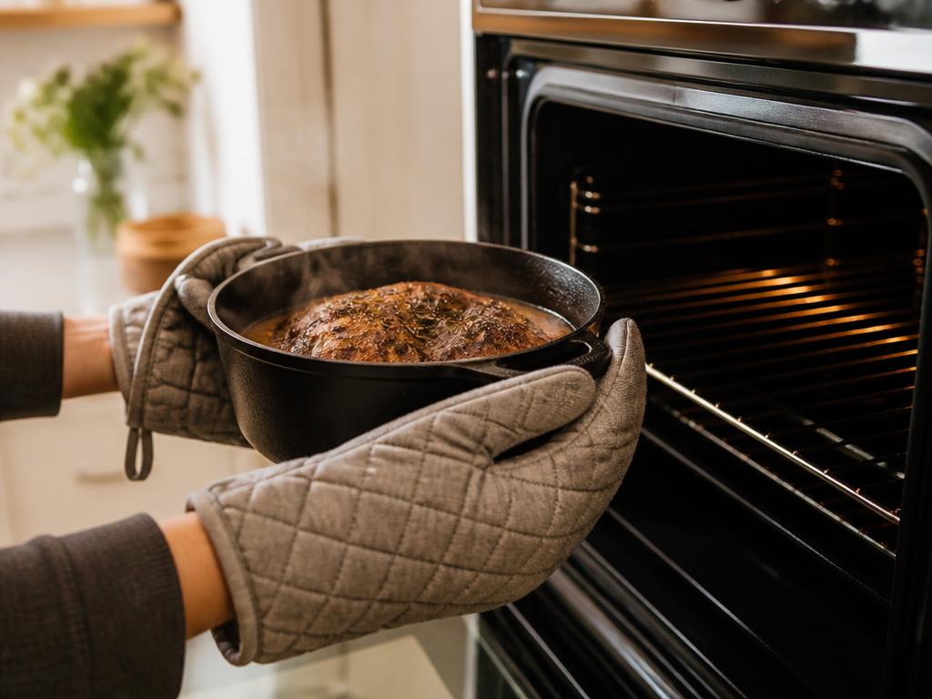 Two hands in quilted oven gloves lifting a hot cast iron casserole out of the oven