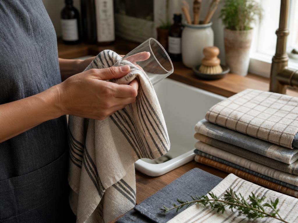 Hands drying a glass with a striped cotton tea towel beside a stack of folded kitchen linen