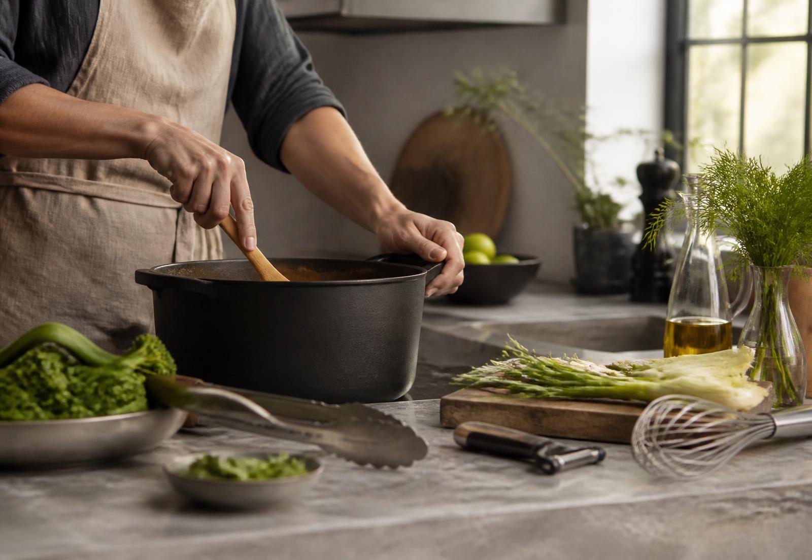 A cook stirring a pot in a warm working kitchen with prep tools on the counter