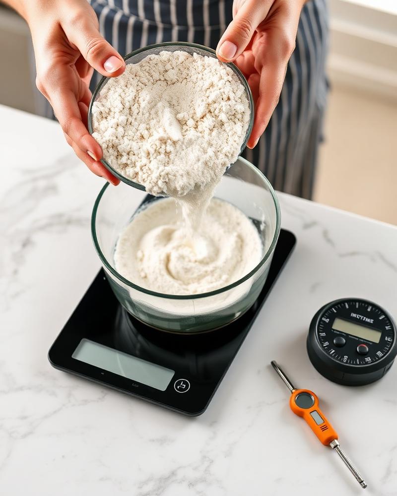 Flour being weighed on a digital kitchen scale beside a timer and thermometer