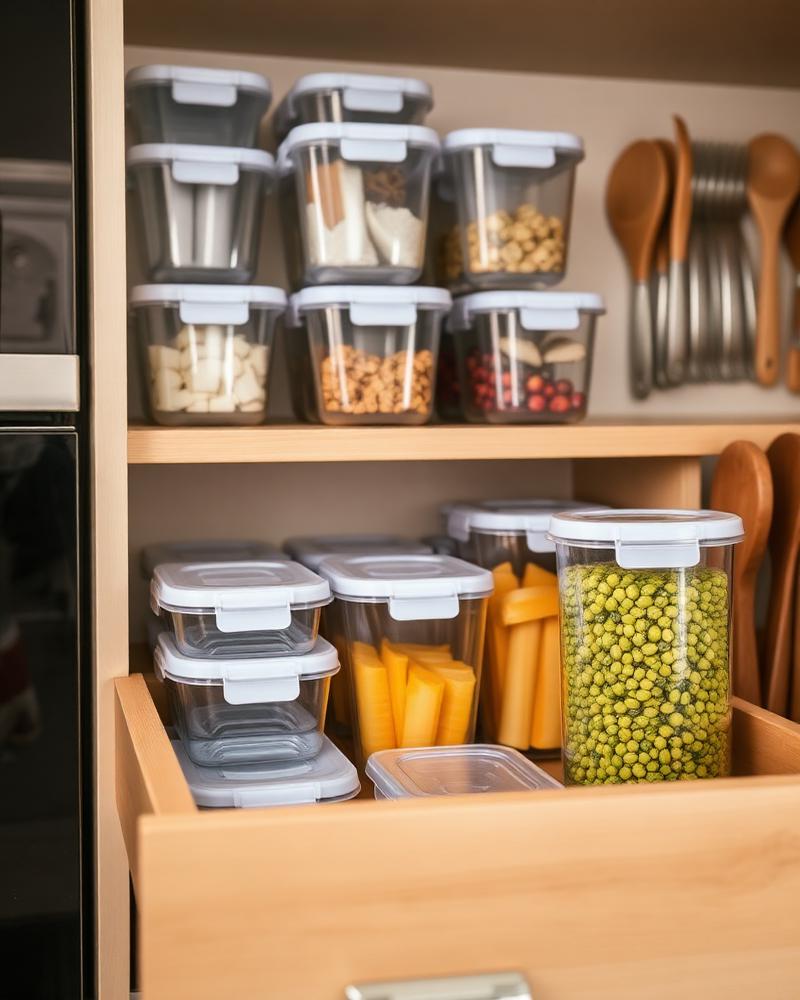 An organised kitchen drawer and shelf of clear food storage containers