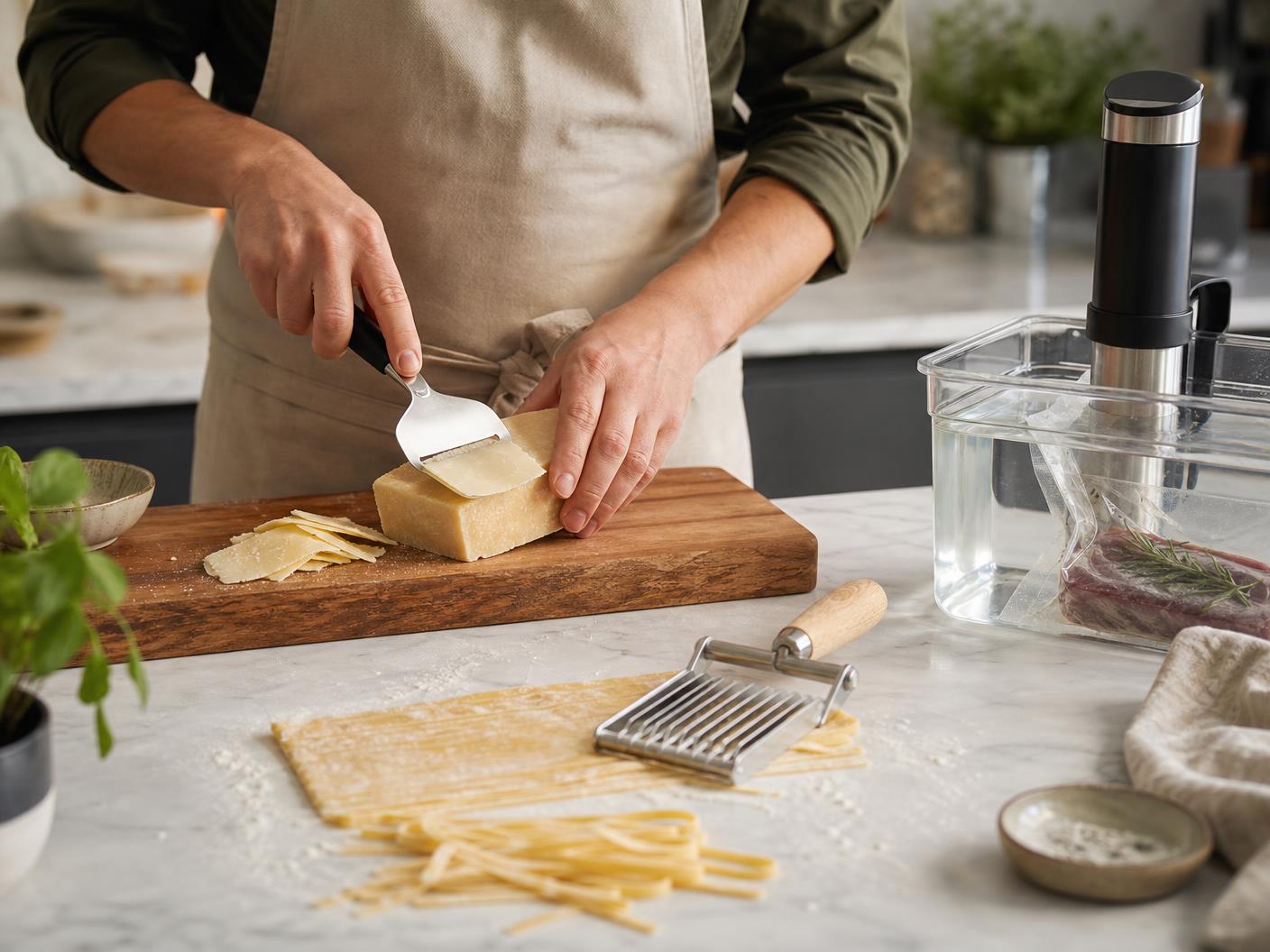 Hands using a cheese planer on a wooden board with fresh pasta and a sous-vide circulator on a marble kitchen counter
