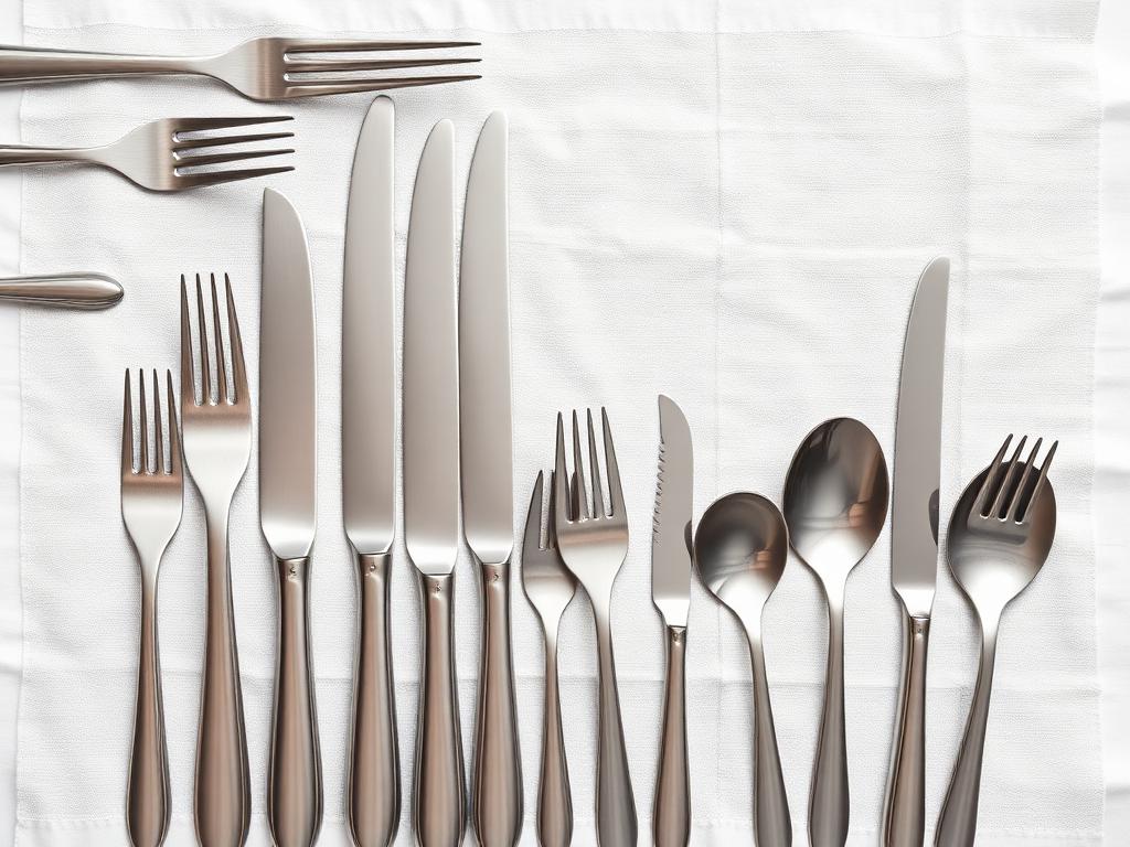Stainless steel knives, forks and spoons laid out on white linen