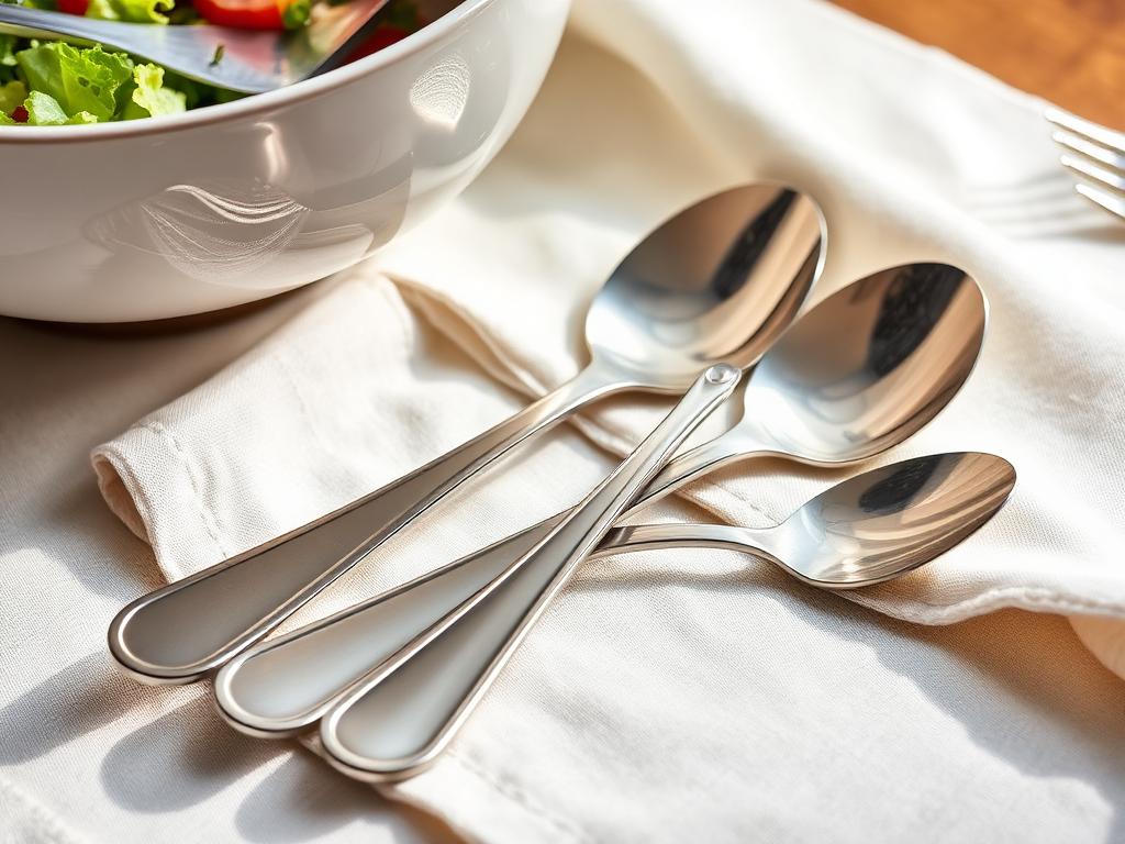 Steel serving spoons and salad servers on linen