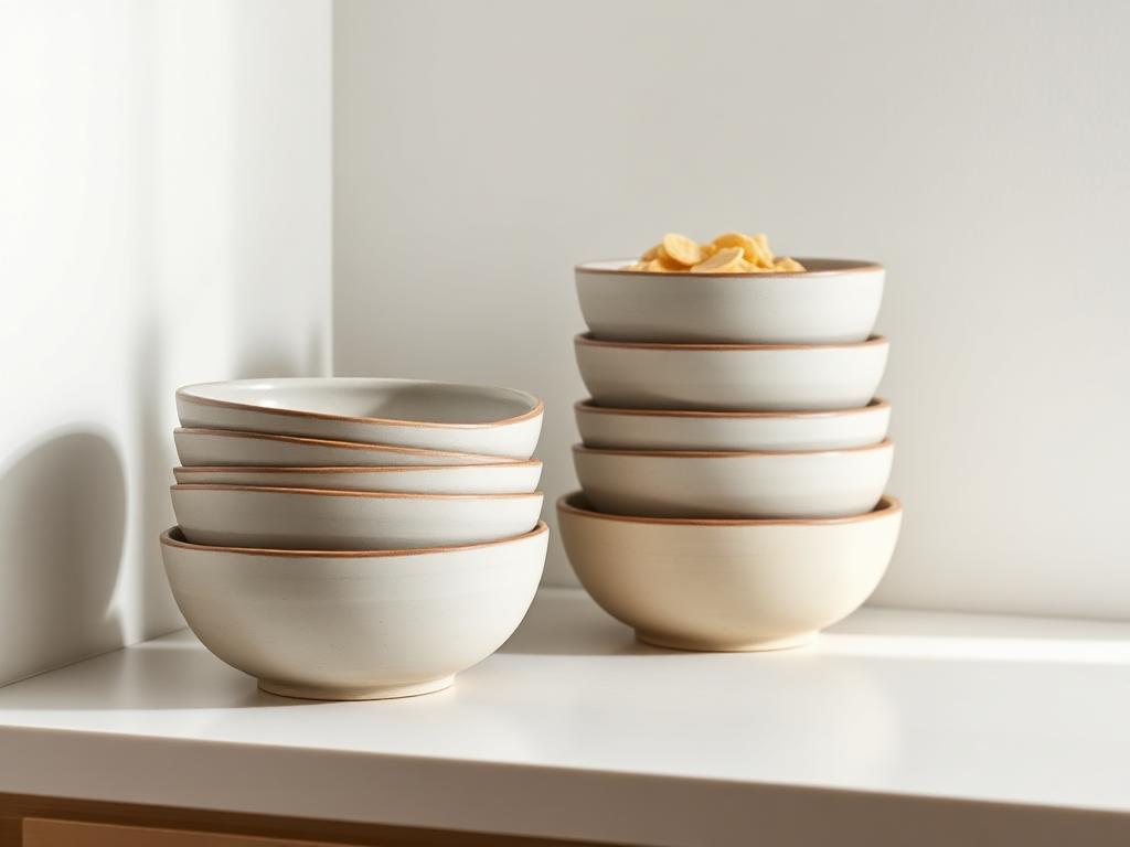Stoneware cereal and pasta bowls stacked on a pale counter