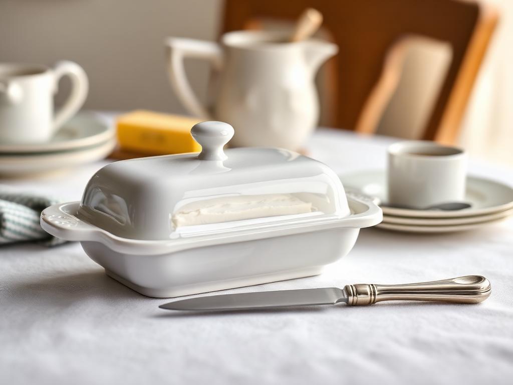 A covered ceramic butter dish with butter and a butter knife