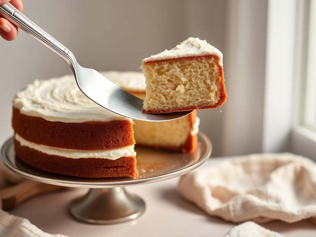 A steel cake server lifting a slice of cake from a stand