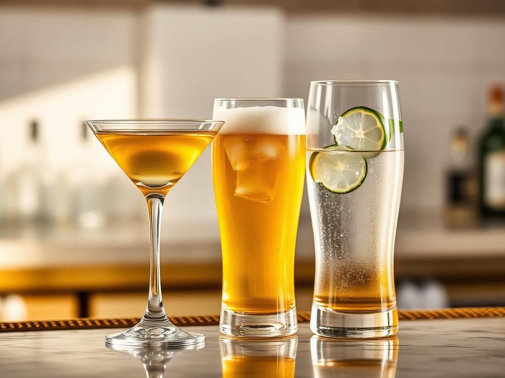 Martini glass, beer glass and a gin and tonic on a bar counter