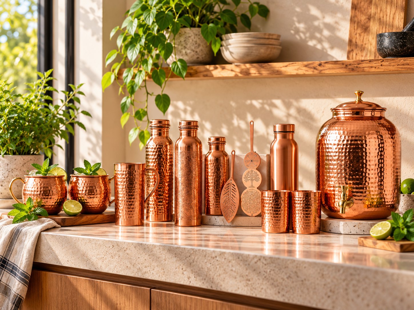 Hammered copper mugs, engraved copper bottles, copper infusers and a copper water dispenser on a sunlit kitchen counter