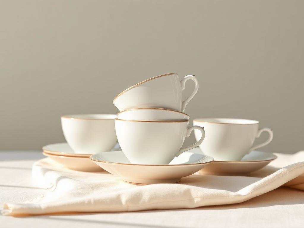 Fine china teacups and saucers stacked on pale linen
