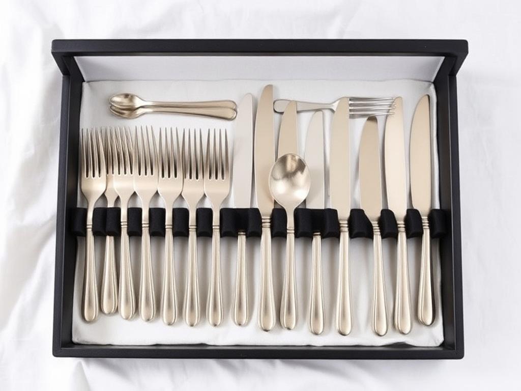 A complete stainless steel cutlery set laid out in a canteen box