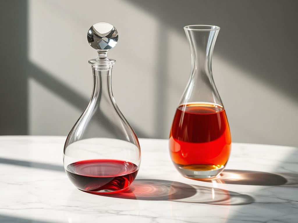 A crystal wine decanter and a glass carafe on marble