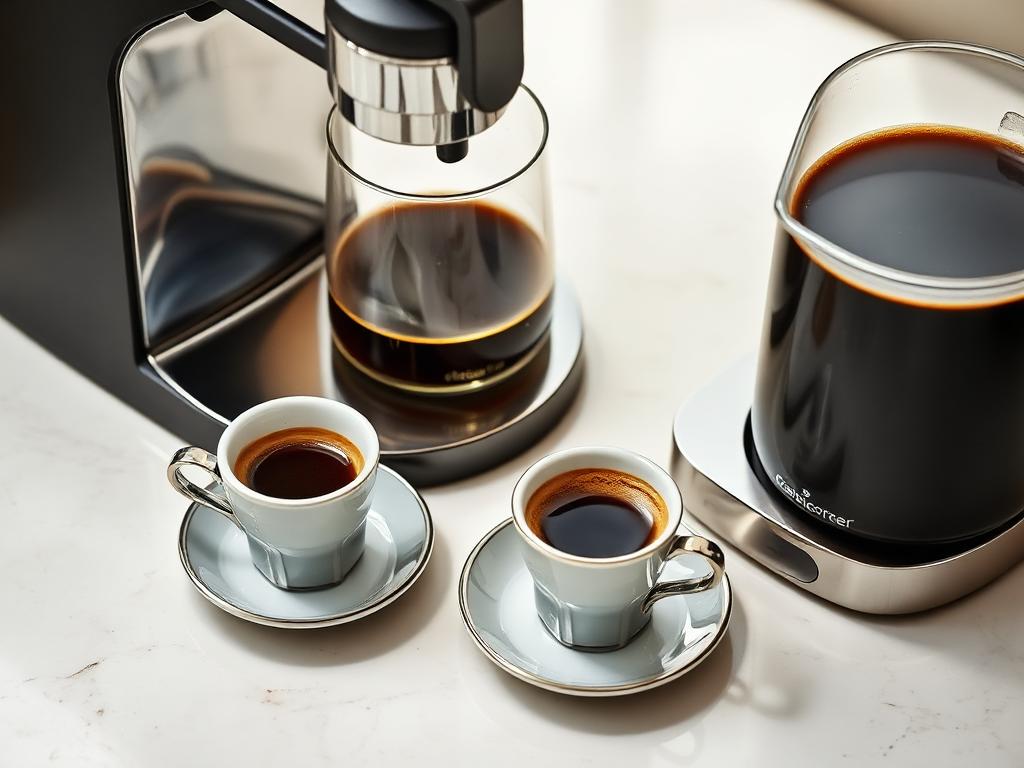Espresso cups and saucers beside freshly pulled espresso