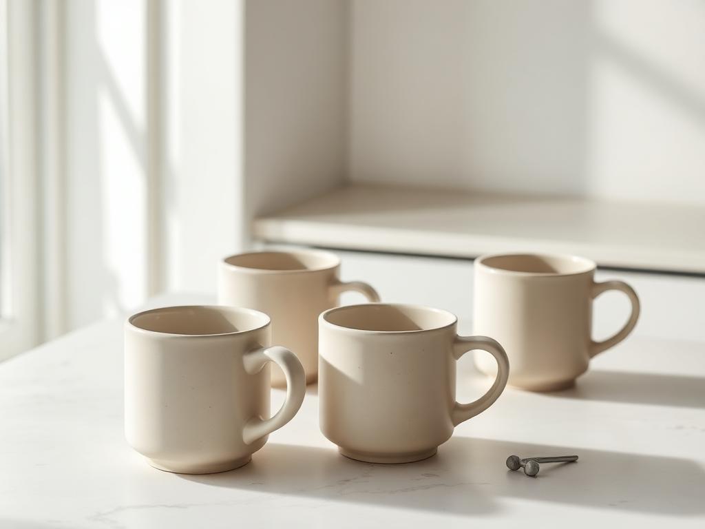 Stoneware coffee mugs grouped on a pale stone counter