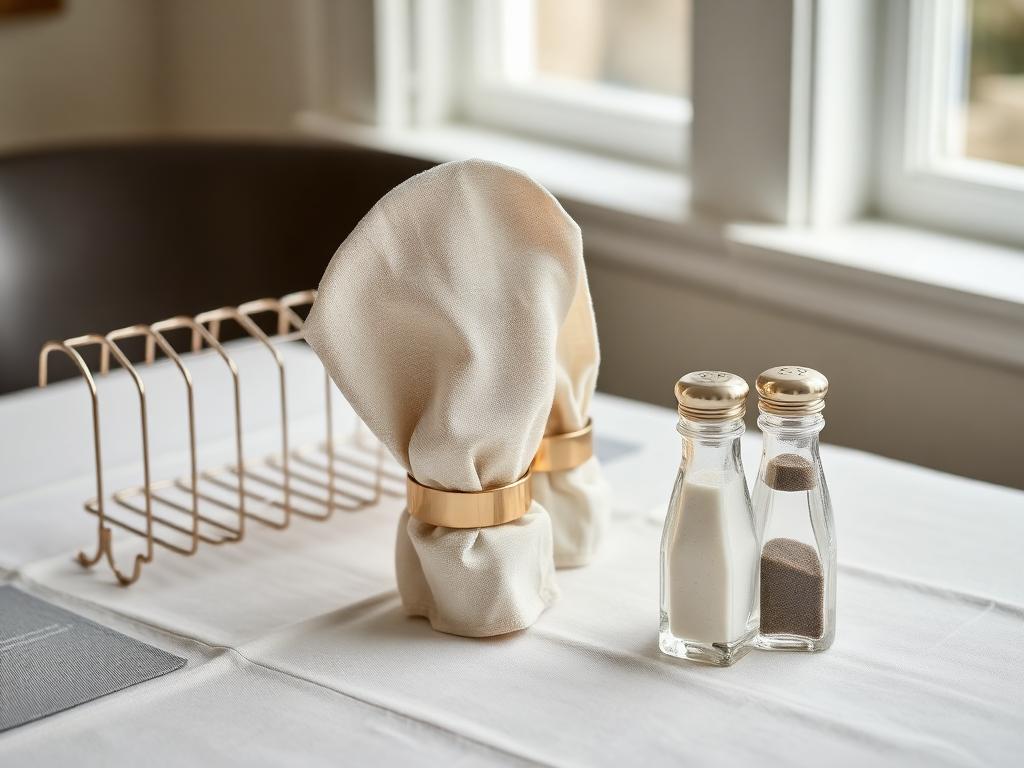Linen napkins in rings beside a toast rack and salt and pepper set