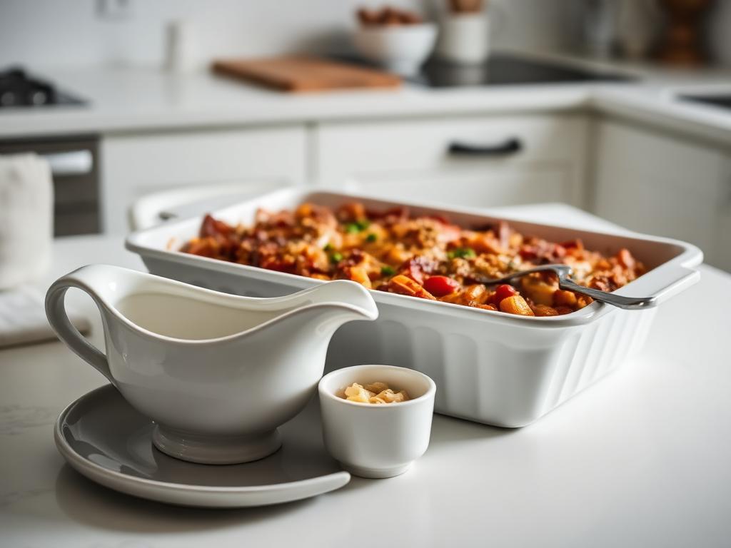 A ceramic bake dish with a gravy boat and ramekin