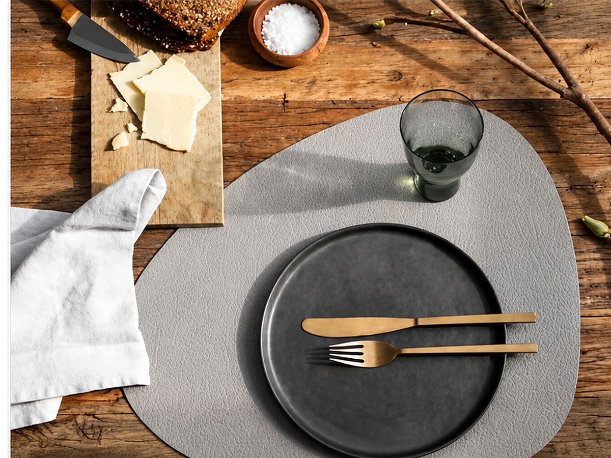 Overhead view of a grey textured placemat with a dark plate, gold cutlery and a drinking glass on a rustic wooden table