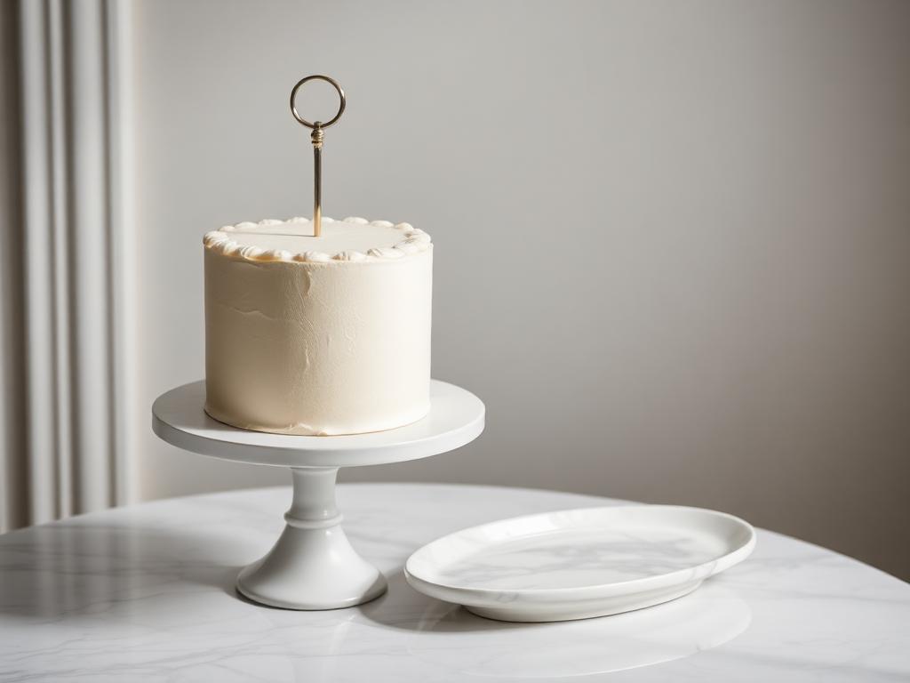 A cake stand with a plain cake beside an oval platter