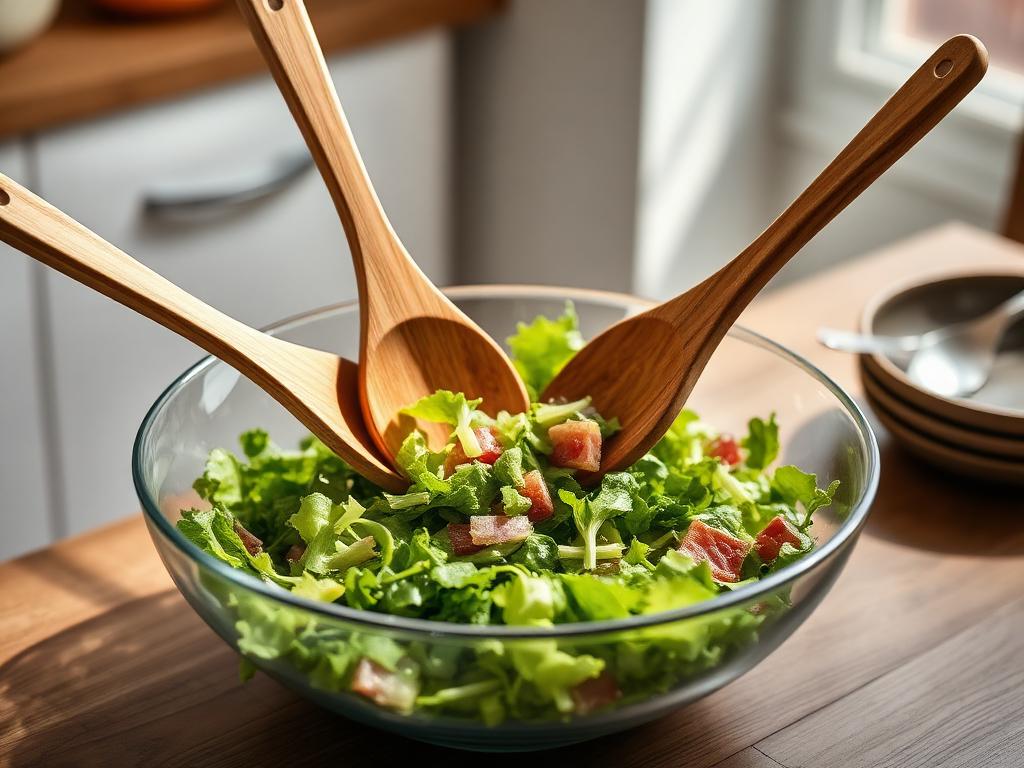 Wooden salad servers tossing a green salad in a bowl