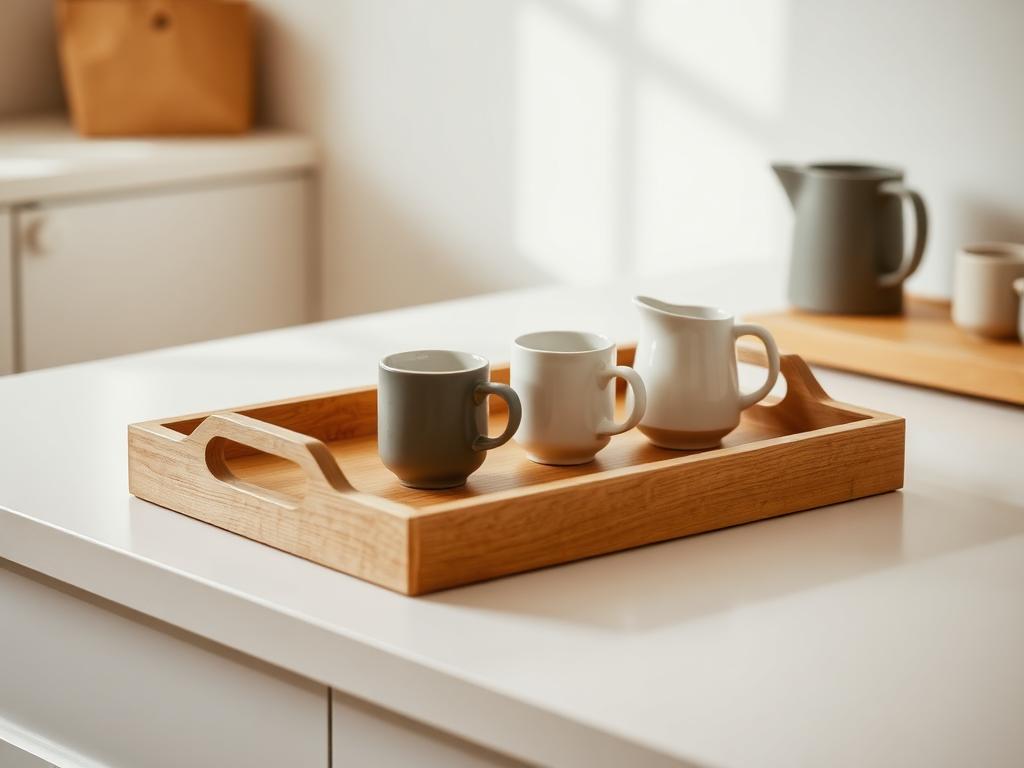An oak serving tray carrying cups and a small jug