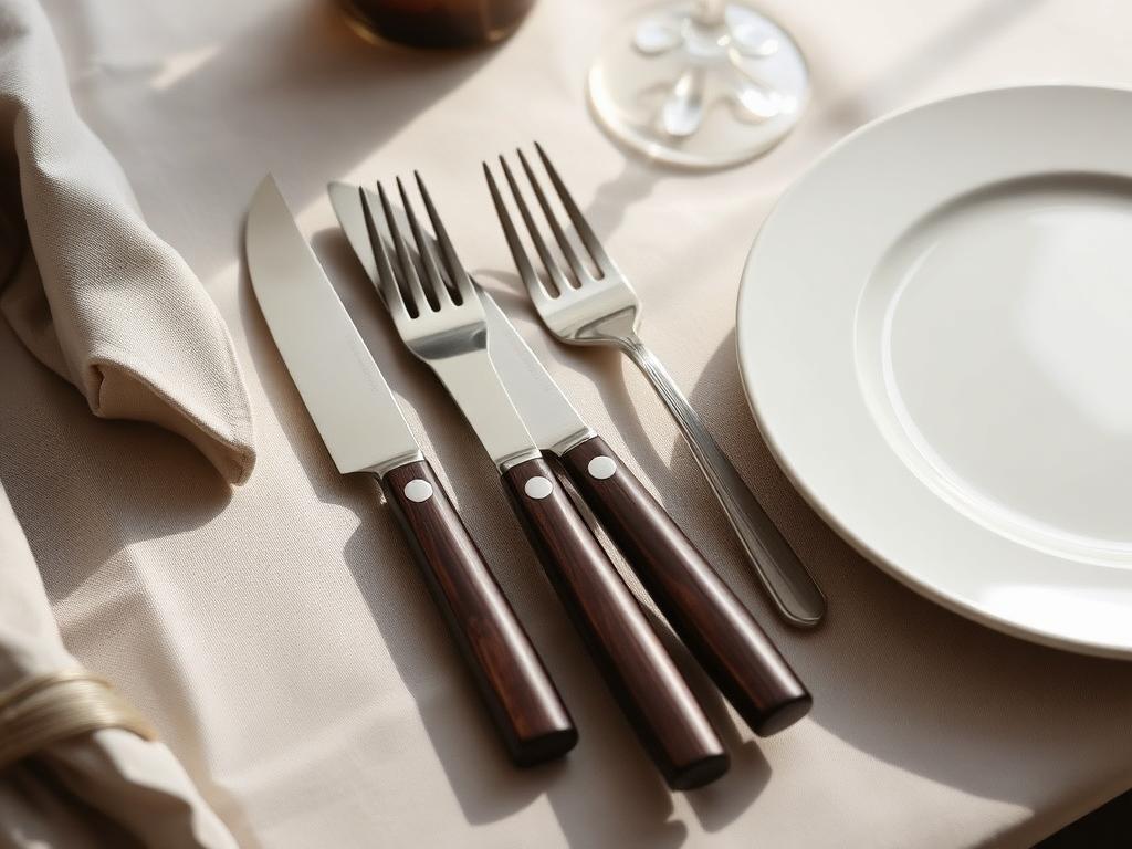 Dark-handled steak knives and forks at a set place setting