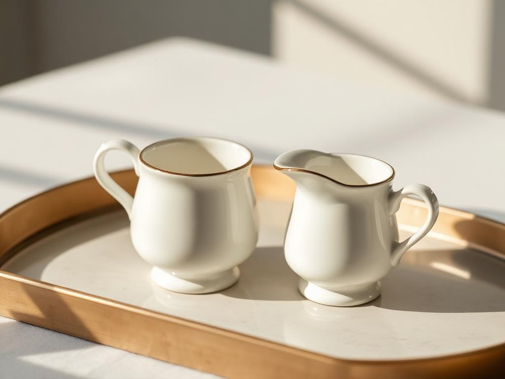 A porcelain sugar bowl and milk creamer on a tray