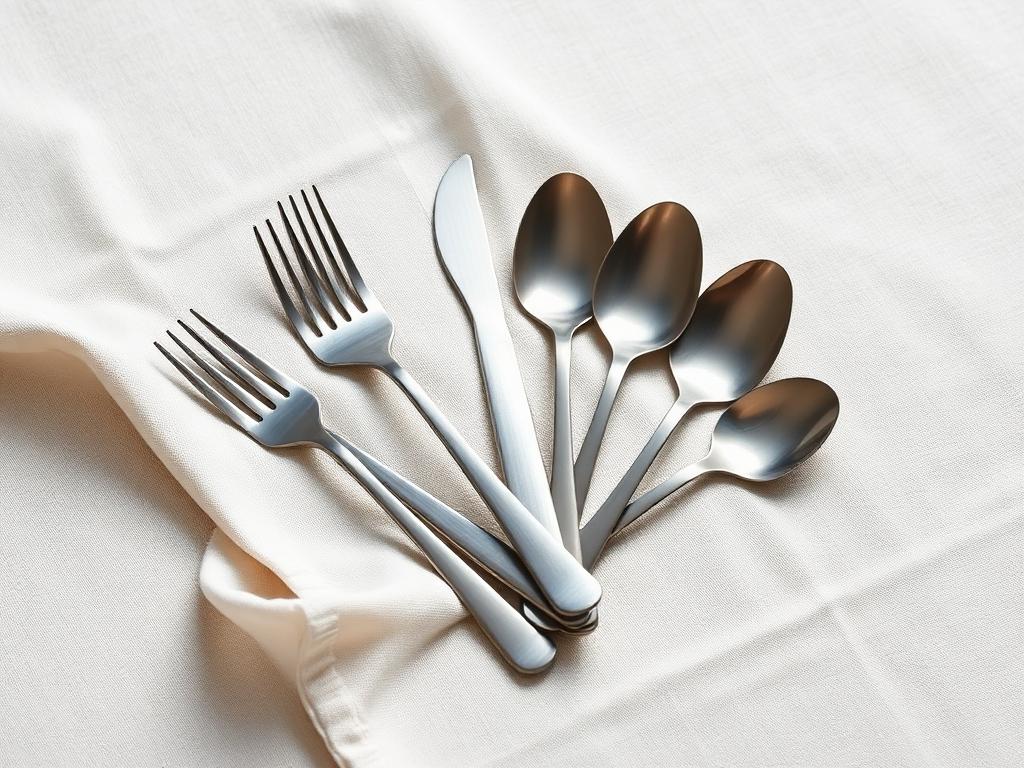 Table forks, spoons and teaspoons fanned out on linen